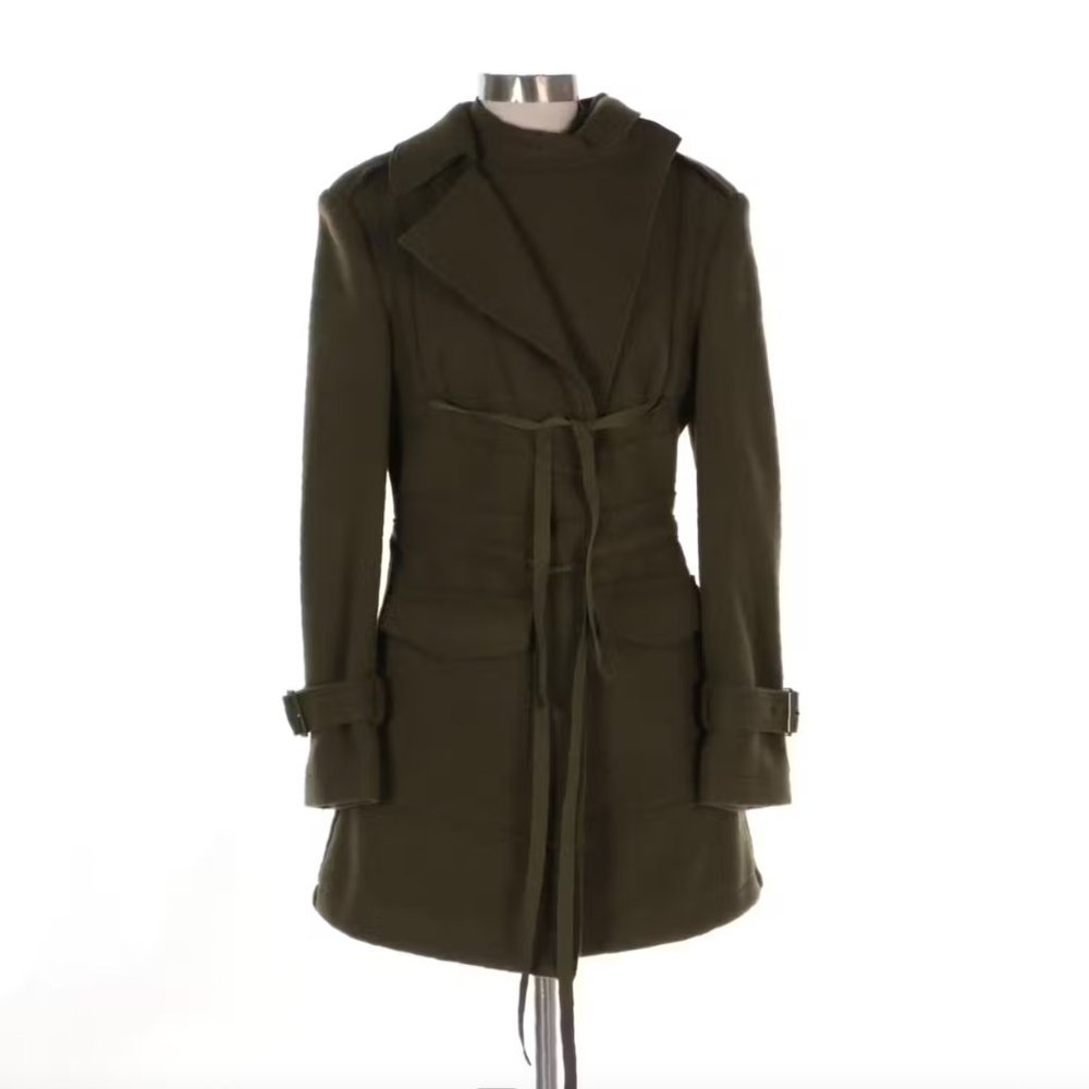 Alexander McQueen Asymmetrical Zip-Front Utility Style Coat in Green Wool Sz 44